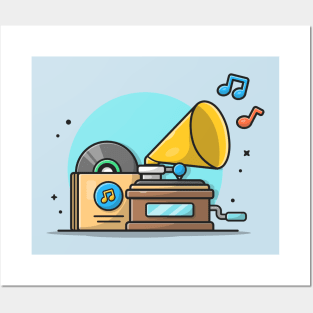 Old Music Player with Gramophone with Vinyl Cartoon Vector Icon Illustration Posters and Art